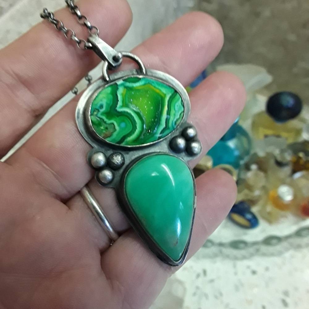 Sterling Artisian Chrysocolla/Chrysophase Necklace